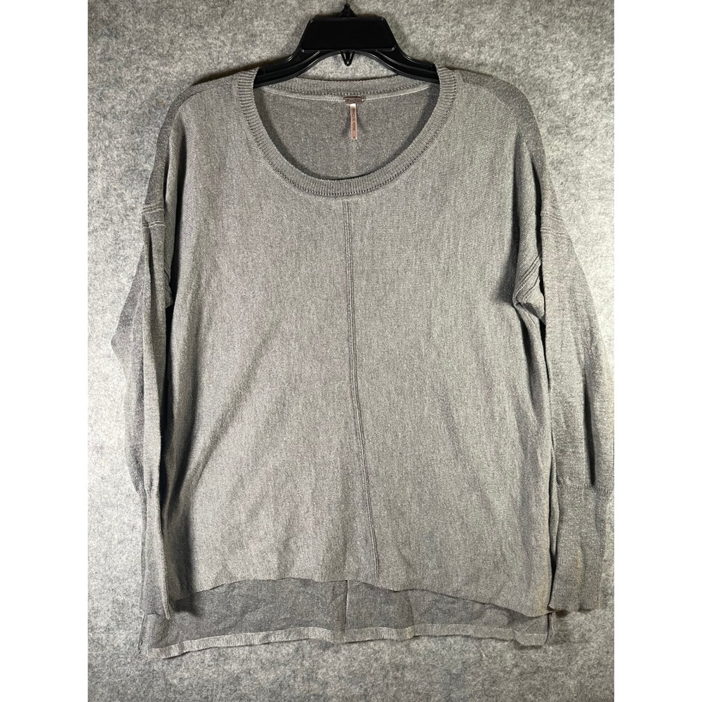 Poof Womens Gray Long Sleeve Crew Neck High Low Seam Front Knit Sweater S